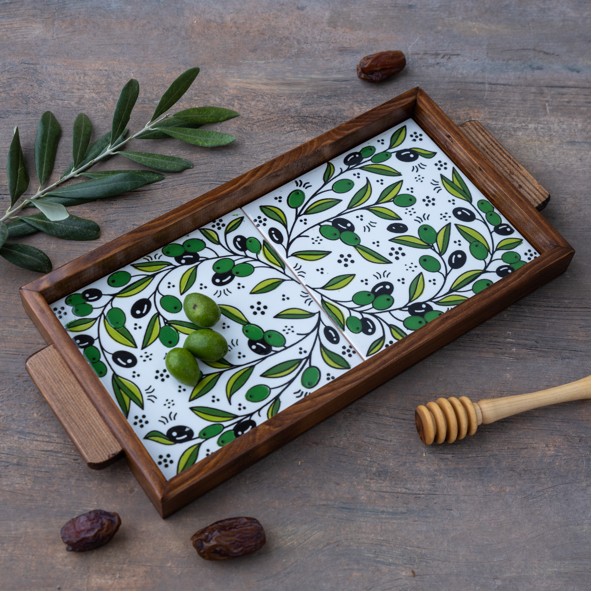 Handmade Ceramic Tray With Two Olives Tiles Handmade Ceramic Tray With Two Olives Tiles - Image 1