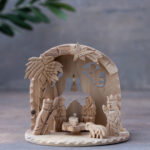 Round Olive Wood Nativity Grotto With Two Angels