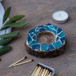Olive Wood Bark Candle Holder with Mosaic