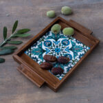 Ceramic Floral Serving Tray With Wooden Handle