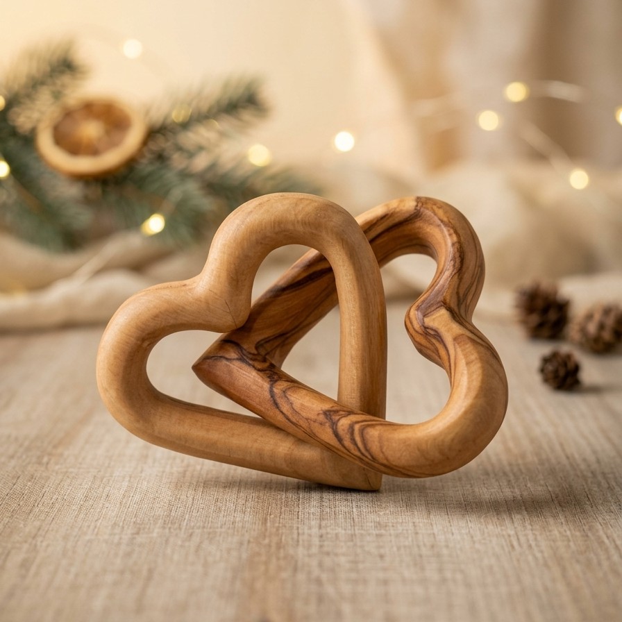 4-Olive wood two attached hearts Olive Wood Two Attached Hearts - Image 1